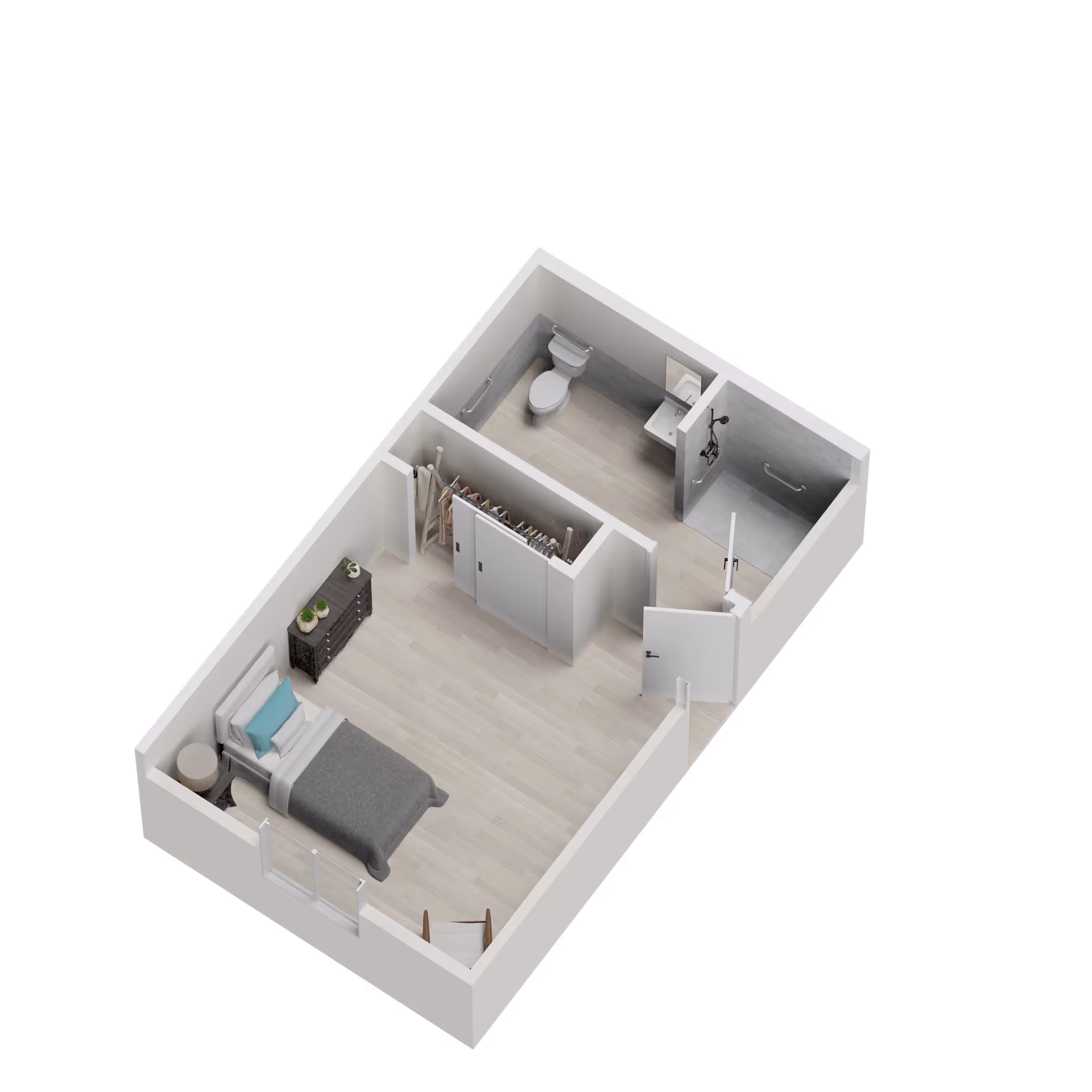 3D floor-plan rendering of a small studio apartment showing a bed, dresser, closet, and an attached bathroom with shower and toilet.