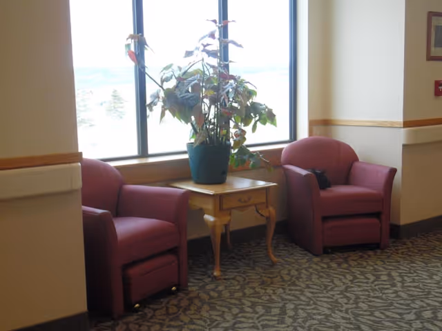 Two maroon upholstered armchairs with a wooden side table between them holding a potted plant, placed in front of a large window in a carpeted hallway or common area.