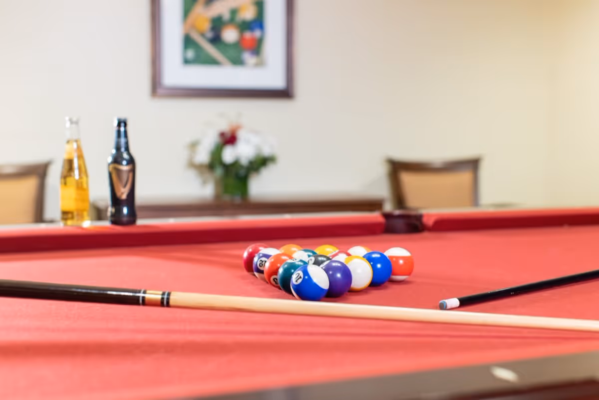 A red pool table with a rack of colorful billiard balls arranged in a triangle and two pool cues resting on the table. In the background, there are two chairs, a framed picture on the wall, and a table with a vase of flowers and two bottles.