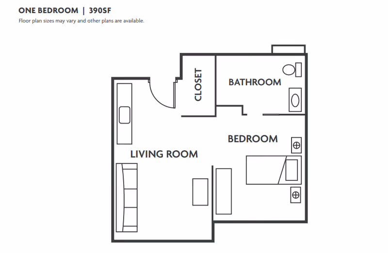 Floor plan of a one-bedroom apartment with 390 square feet. The layout includes a living room with a sofa and table, a bedroom with a bed and two nightstands, a bathroom with a toilet and sink, and a closet near the entrance.