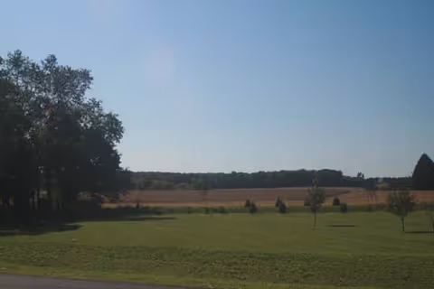 A wide view of an outdoor grassy area with a few small trees scattered around. In the background, there is a field and a line of trees under a clear blue sky.