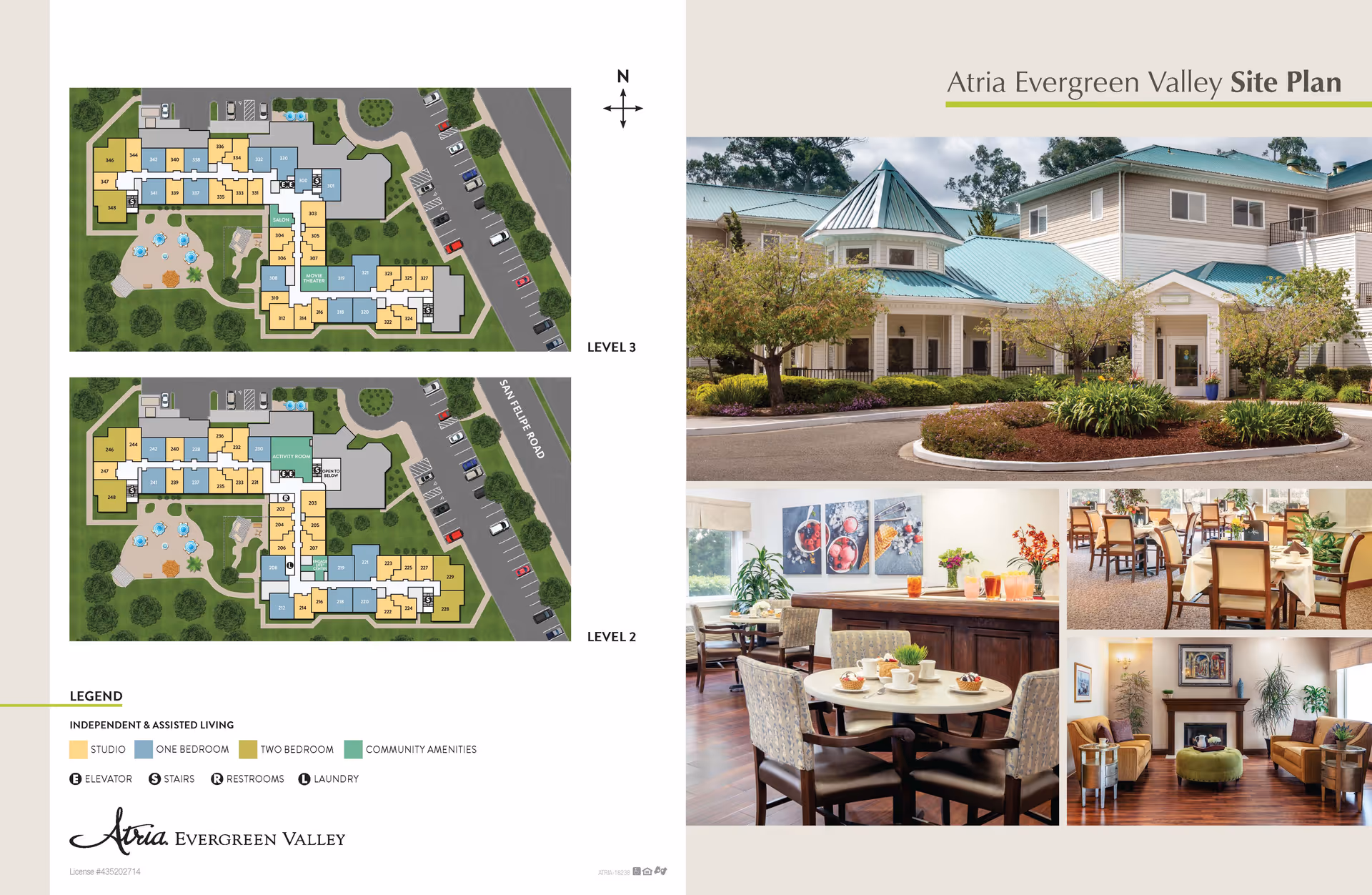 Atria Evergreen Valley site plan showing floor layouts for Level 2 and Level 3 with color-coded areas for studio, one-bedroom, two-bedroom apartments, and community amenities. The right side features a photo collage including the building exterior with a roundabout entrance, a dining area with tables and chairs, and a cozy living room with seating and a fireplace.