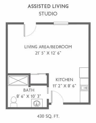 Floor plan of an assisted living studio apartment showing a living area/bedroom measuring 21 feet 5 inches by 12 feet 6 inches, a kitchen measuring 11 feet 2 inches by 8 feet 6 inches, and a bathroom measuring 8 feet 6 inches by 10 feet 3 inches. The total area is 430 square feet.