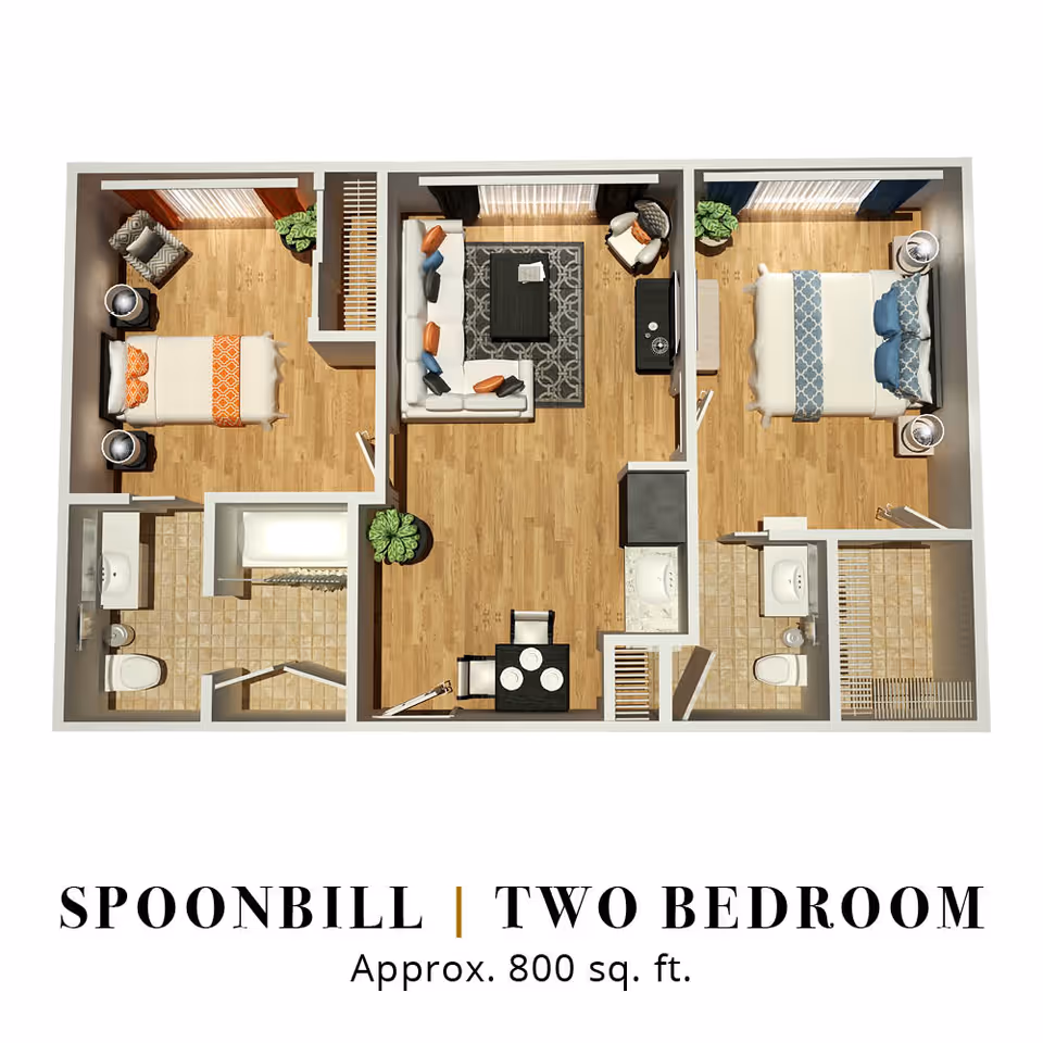 3D top-down floor plan of a two-bedroom, two-bath apartment with a central living area and dining/kitchen, labeled "Spoonbill | Two Bedroom Approx. 800 sq. ft."