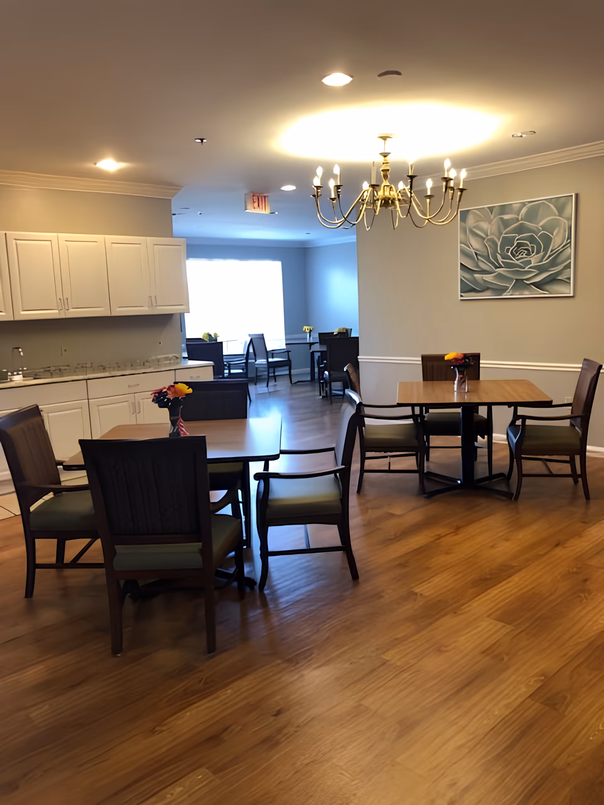 A dining area in a senior living facility with wooden tables and chairs arranged neatly on a wooden floor. There is a chandelier hanging from the ceiling, white cabinets along one wall, and a large window letting in natural light. A framed artwork of a succulent plant is mounted on the wall.