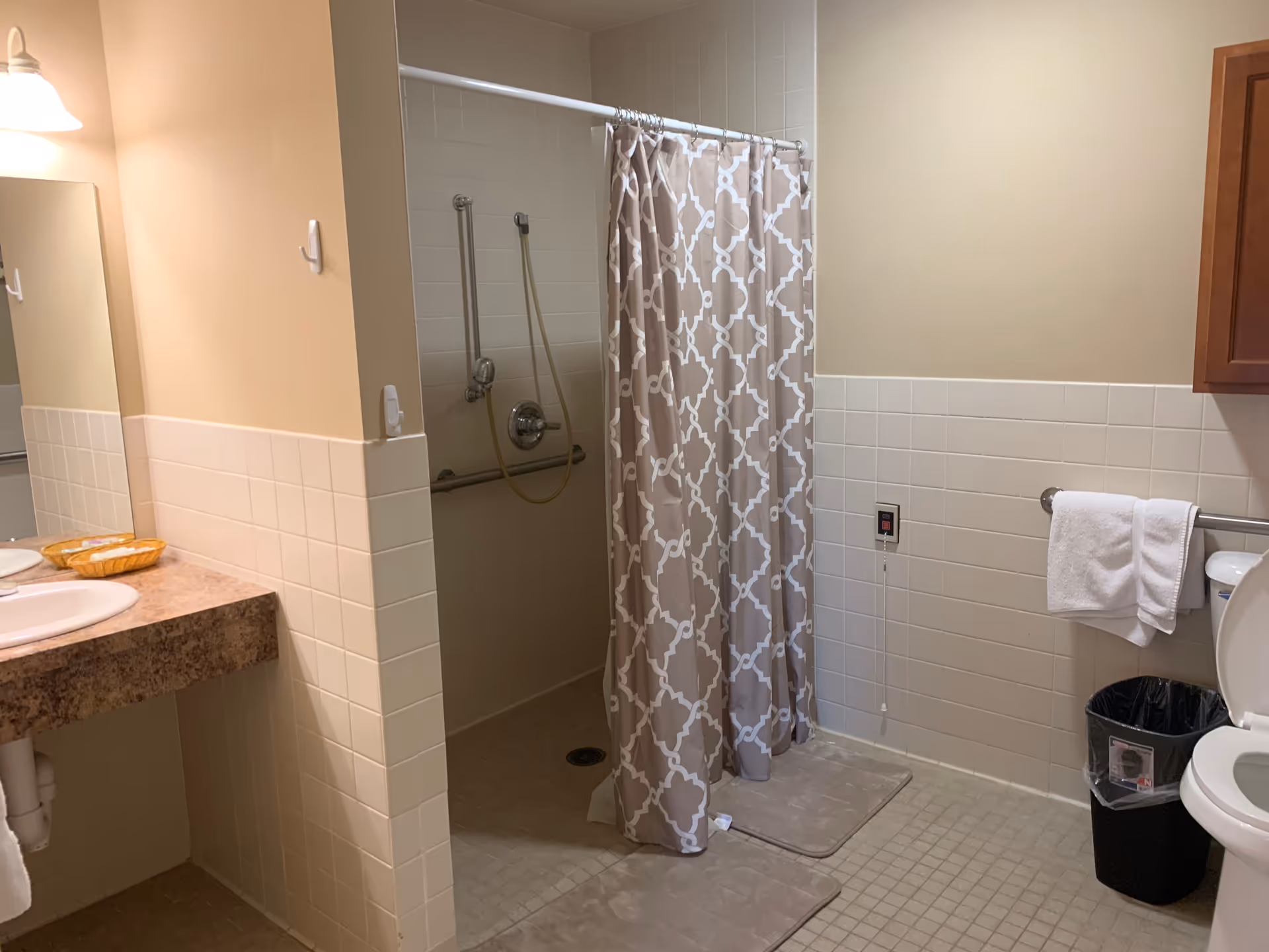 A bathroom with a walk-in shower featuring a patterned shower curtain, grab bars, and a handheld showerhead. To the left is a sink with a countertop and a mirror above it. On the right side, there is a toilet with a towel hanging on a grab bar and a trash can nearby. The walls are tiled halfway up and painted beige above.