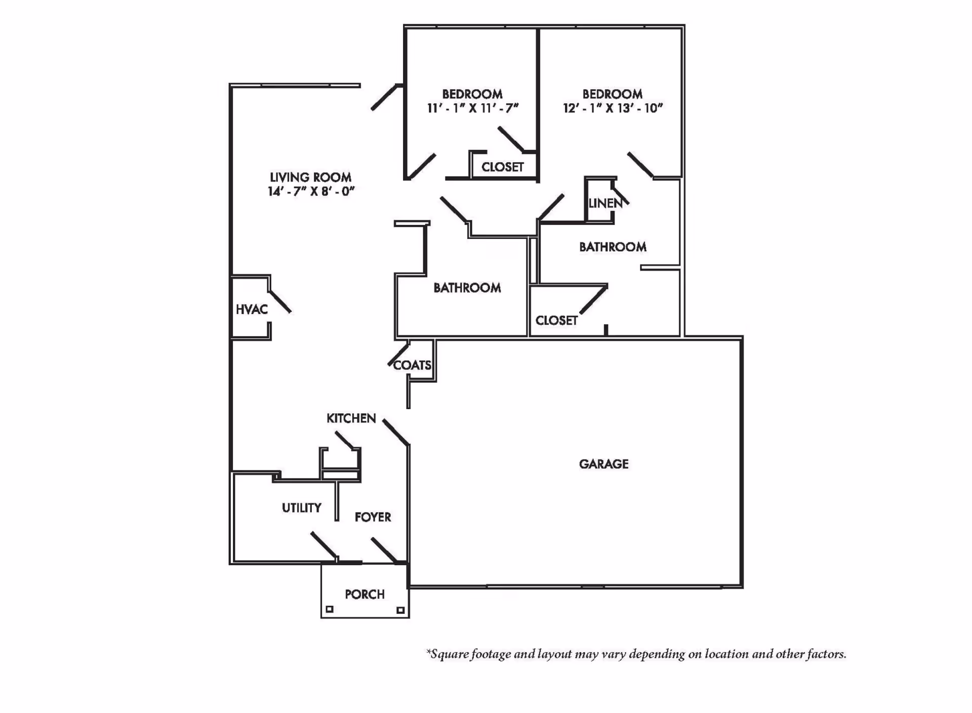 Black and white architectural floor plan of a residential unit showing two bedrooms, two bathrooms, a living room, kitchen, utility room, foyer, porch, garage, HVAC, coat closet, and linen closet. Dimensions are provided for the bedrooms and living room.