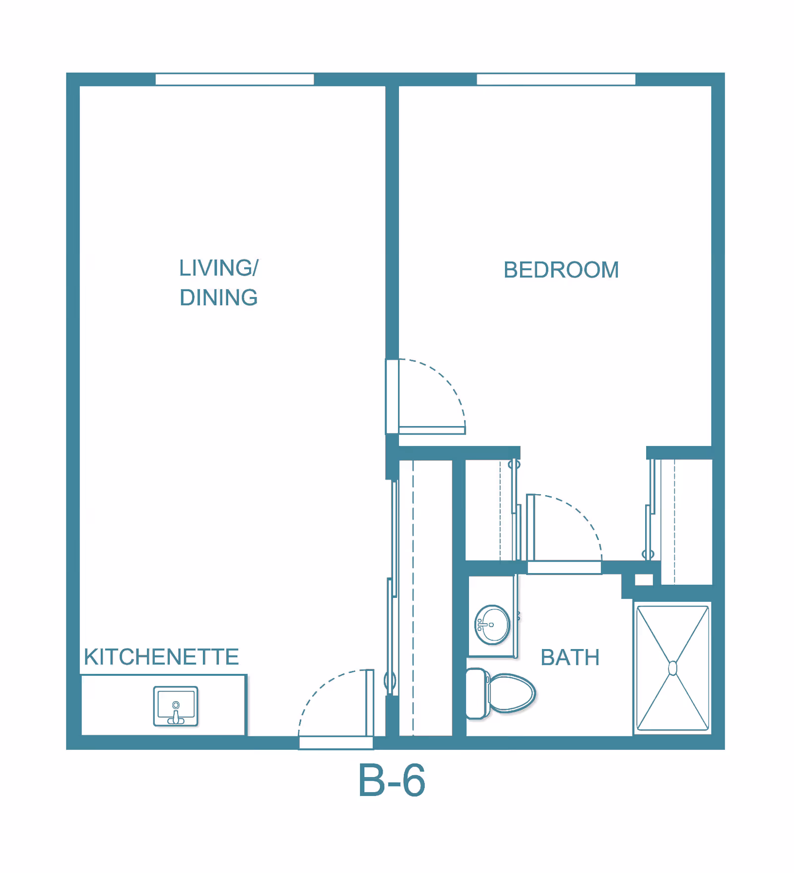 Floor plan of a one-bedroom apartment labeled B-6 at Provincial Bethel Park, showing a living/dining area, kitchenette, bedroom, and bathroom with a shower, toilet, and sink.