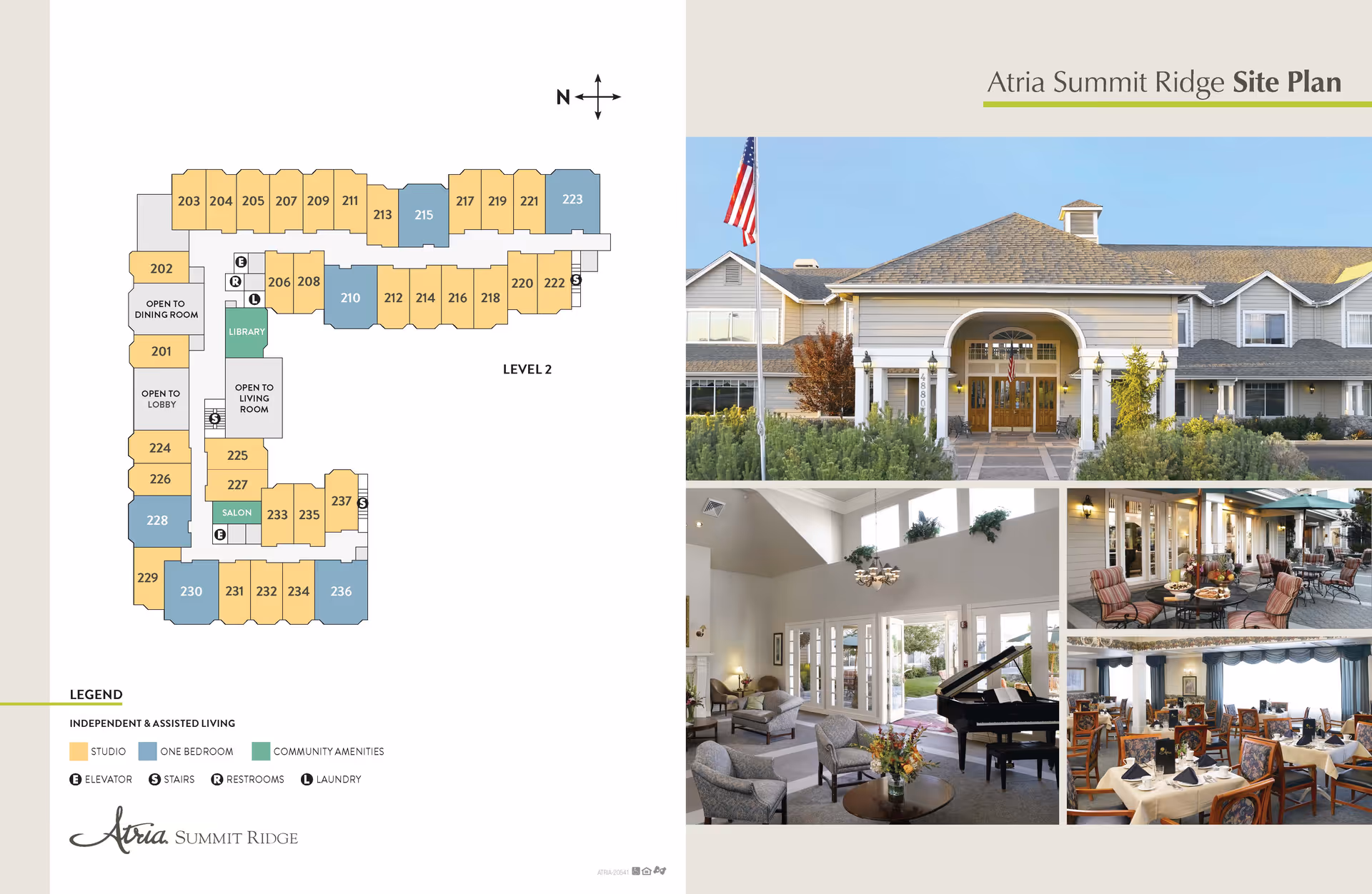 Atria Summit Ridge site plan showing the layout of level 2 with studio and one-bedroom units, community amenities like library and salon, and icons for elevator, stairs, restrooms, and laundry. Alongside the floor plan are photos of the facility including the front exterior entrance with an American flag, a bright living room with a grand piano, an outdoor patio with seating, and a dining room set with tables and chairs.