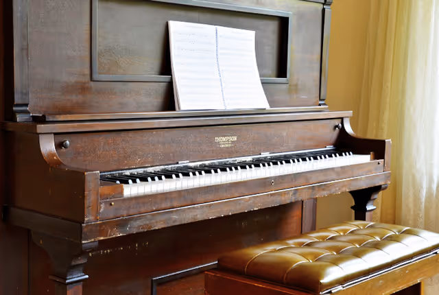 A vintage upright wooden piano with sheet music placed on the music stand, accompanied by a cushioned piano bench in front of it. The piano is positioned near a window with light-colored curtains.