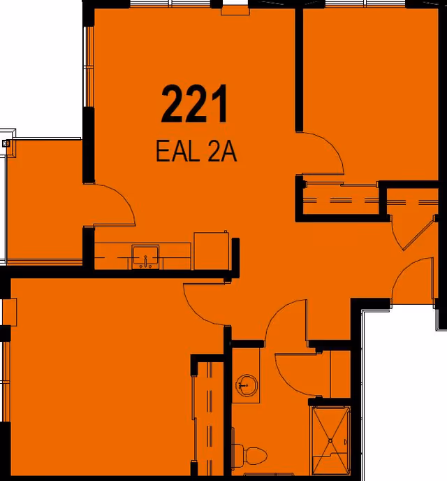 Architectural floor plan of unit 221 labeled EAL 2A, showing multiple rooms including a bathroom with a toilet and shower, a kitchen area with a sink, and other living spaces.