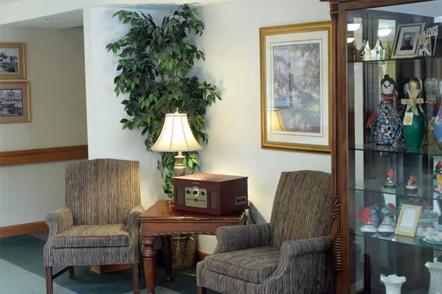 Two upholstered armchairs flank a small wooden table with a lamp and decorative plant in a cozy seating area beside a glass display cabinet.