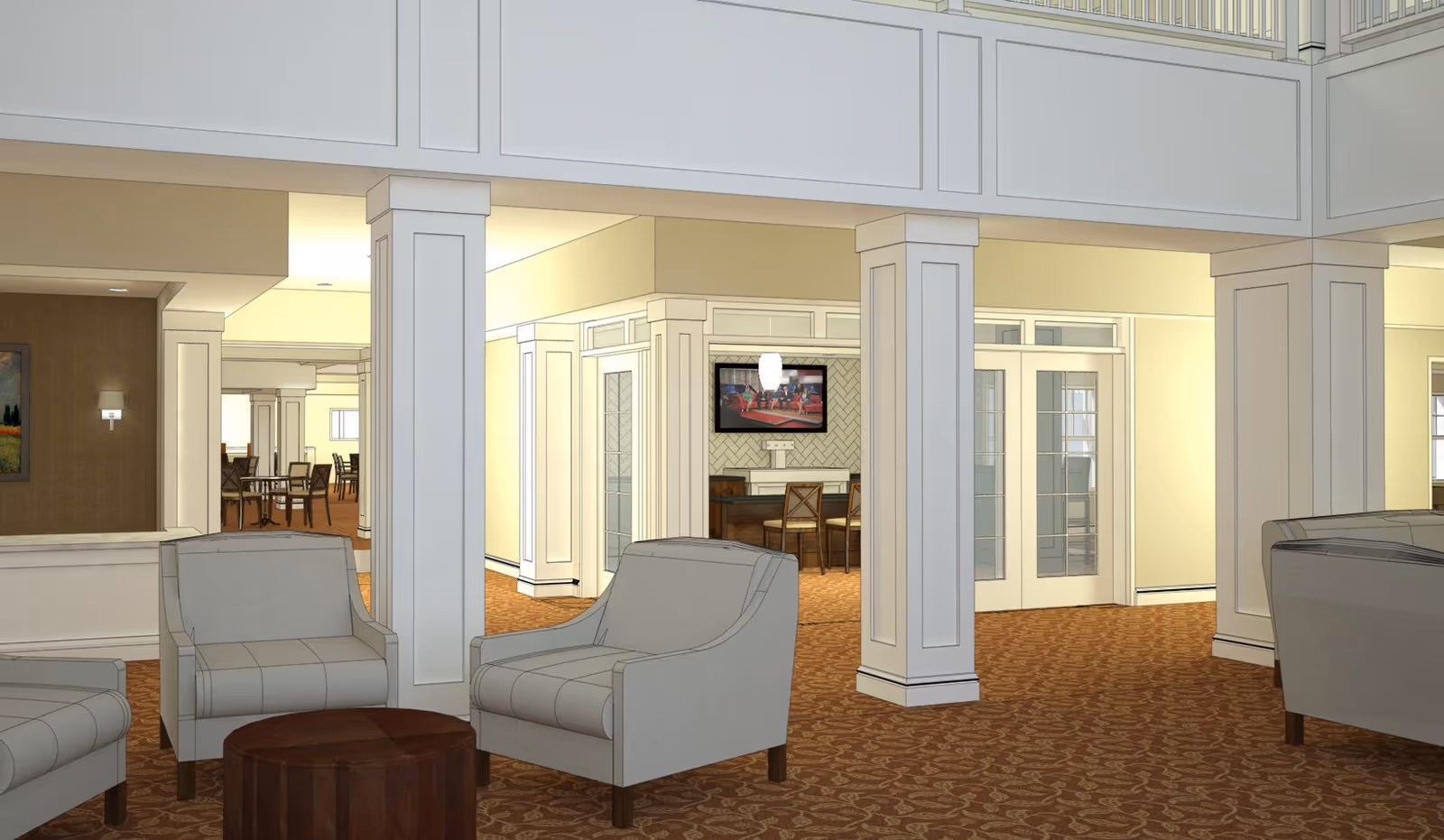 Interior view of a senior living facility lounge area with beige armchairs arranged around a small round wooden table. The space features white columns, warm lighting, and patterned carpet. In the background, there is a dining area with tables and chairs, and a wall-mounted television above a counter with bar stools.