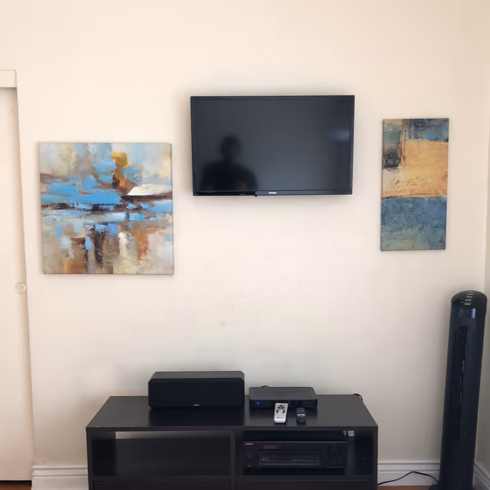 A wall-mounted flat screen TV centered between two abstract paintings with blue, beige, and brown tones. Below the TV is a black entertainment unit holding a speaker, a media player, and two remote controls. To the right of the unit is a tall black tower fan. The wall and floor molding are white.