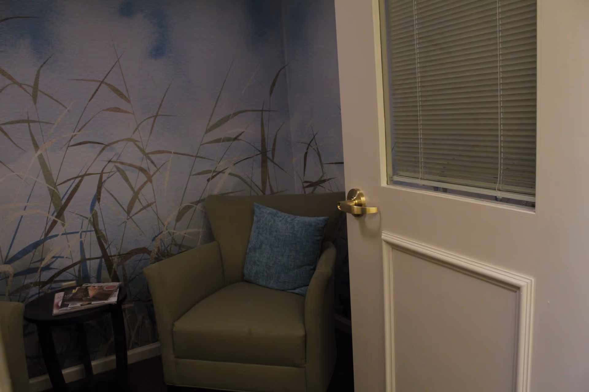 A cozy corner of a room featuring a green armchair with a blue cushion, a small round black side table with magazines on it, and a wall decorated with a nature-themed mural of tall grass and reeds. A white door with a window and closed blinds is partially open.
