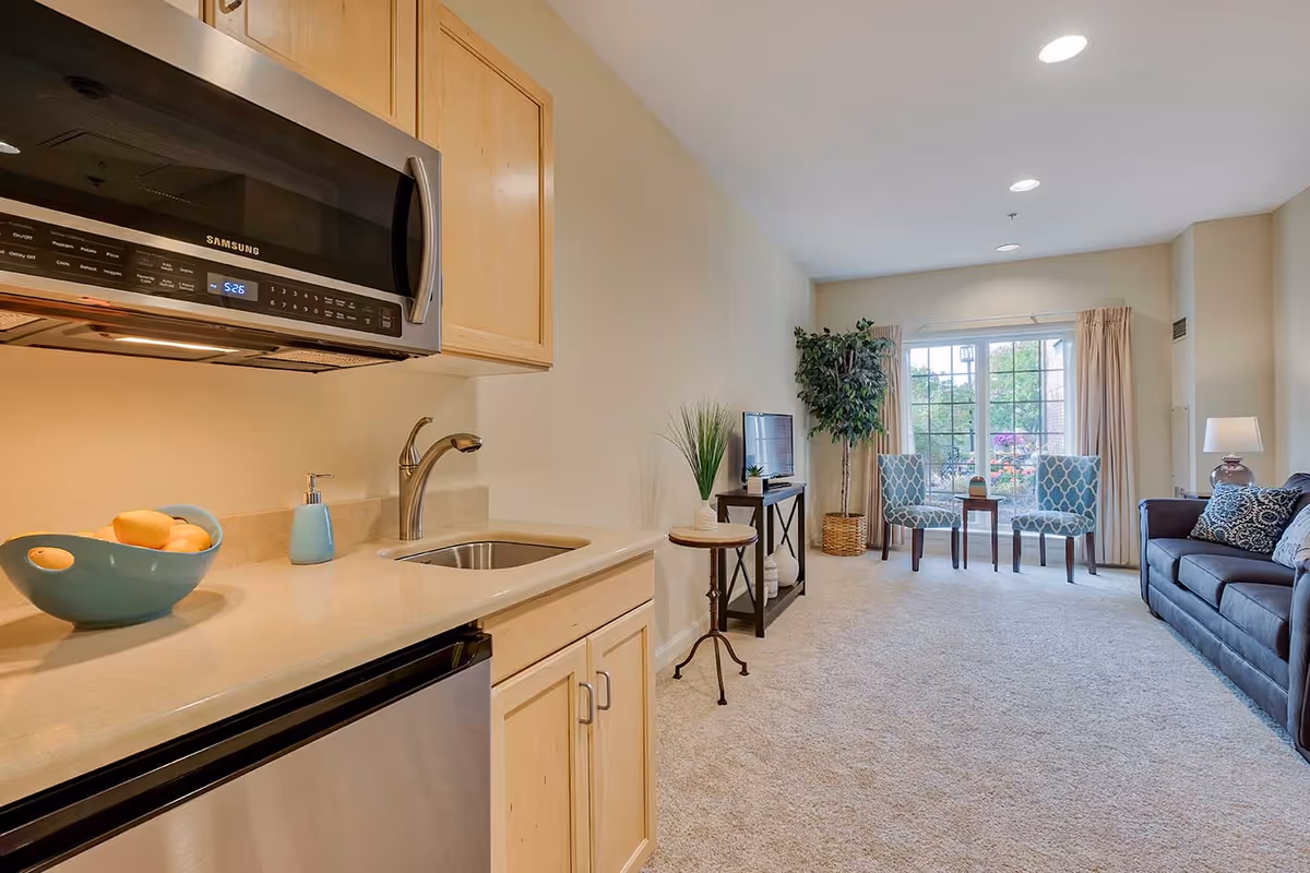 A bright and clean senior living space featuring a small kitchenette with a microwave, sink, and countertop with a bowl of fruit and soap dispenser. The room extends into a living area with a sofa, two patterned chairs, a small table, a TV on a stand, a potted plant, and large windows with beige curtains letting in natural light.