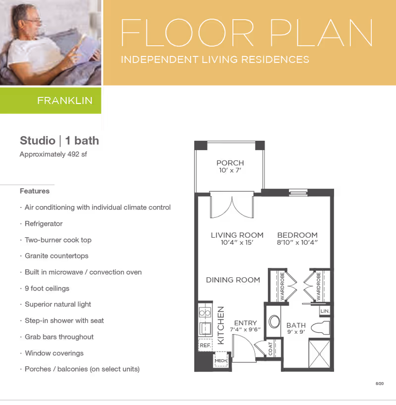 Brochure-style floor plan page titled 'FLOOR PLAN' showing the Franklin studio (Studio | 1 bath, ~492 sf), a list of features, and a small photo of a man reading.
