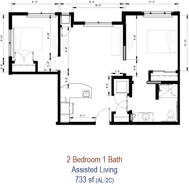 Architectural floor plan of a 2 bedroom, 1 bathroom assisted living unit with a total area of 733 square feet. The layout includes two bedrooms, a bathroom, and a living area with furniture placement indicated.