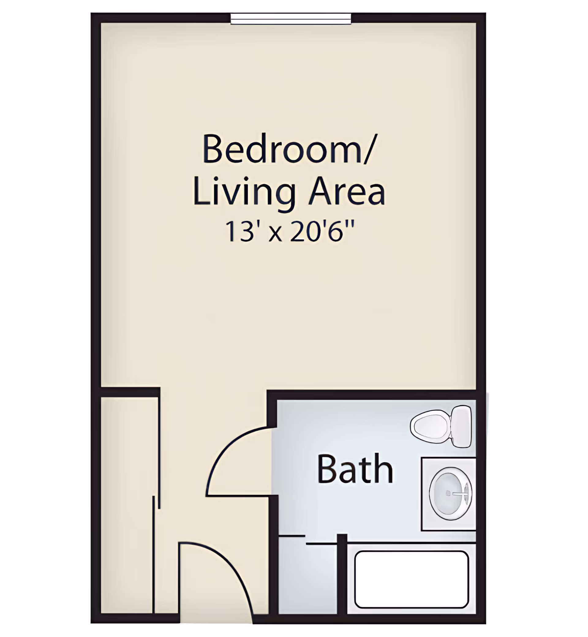Floor plan layout showing a combined bedroom and living area measuring 13 feet by 20 feet 6 inches, with an adjacent bathroom containing a toilet, sink, and bathtub.