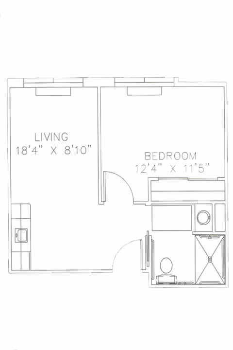 Architectural floor plan showing a living room measuring 18 feet 4 inches by 8 feet 10 inches, a bedroom measuring 12 feet 4 inches by 11 feet 5 inches, and an adjacent bathroom with a shower, toilet, and sink.