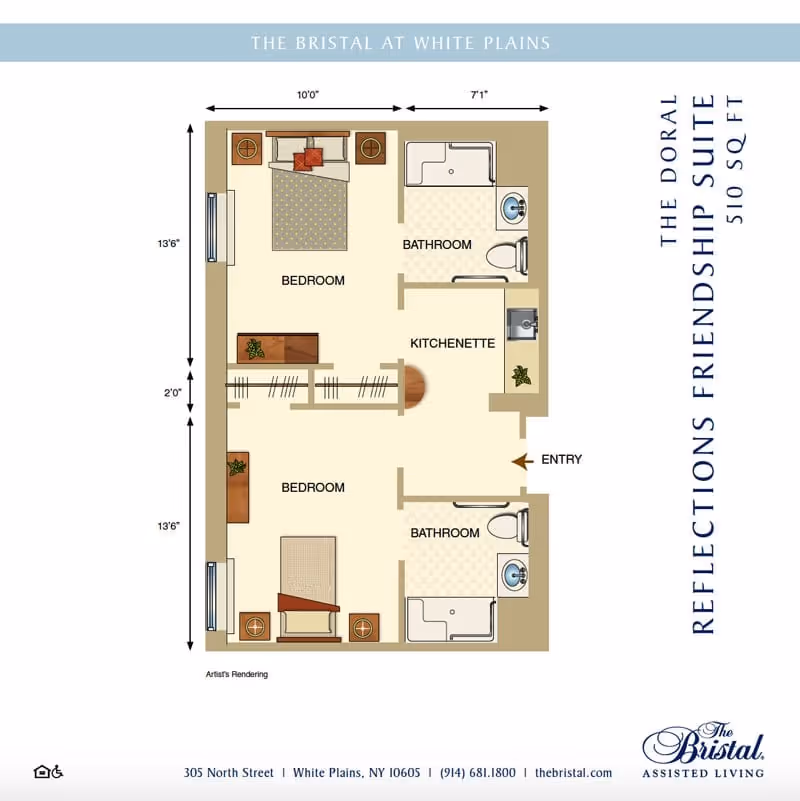 Floor plan layout of a two-bedroom, two-bathroom assisted living 'Friendship Suite' showing bedrooms, bathrooms, a kitchenette and entry.