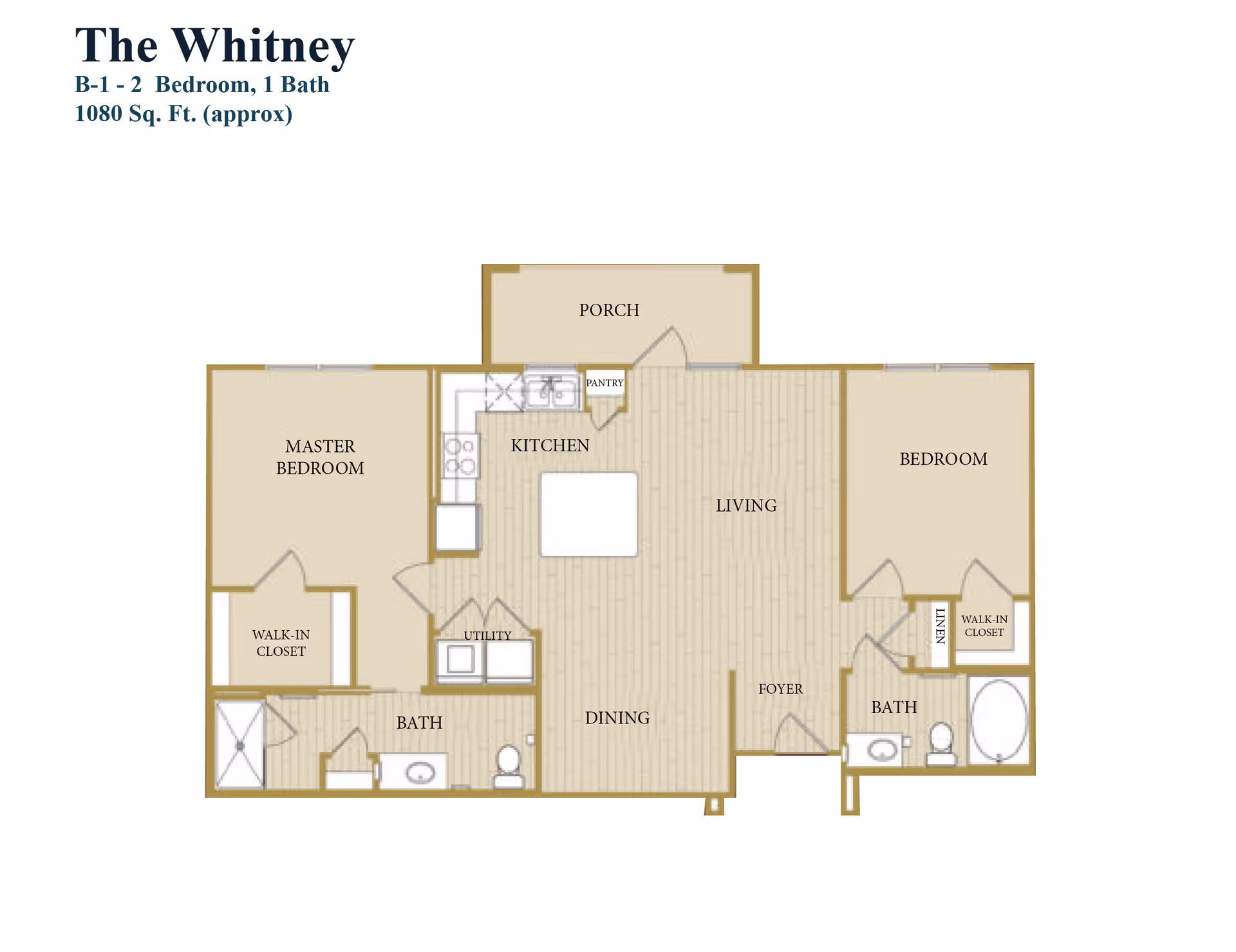 Floor plan titled The Whitney showing a 2 bedroom, 1 bath layout with approximately 1080 square feet. The plan includes a master bedroom with walk-in closet, a second bedroom with walk-in closet, two bathrooms, a kitchen with pantry, utility area, dining area, living room, foyer, and a porch.