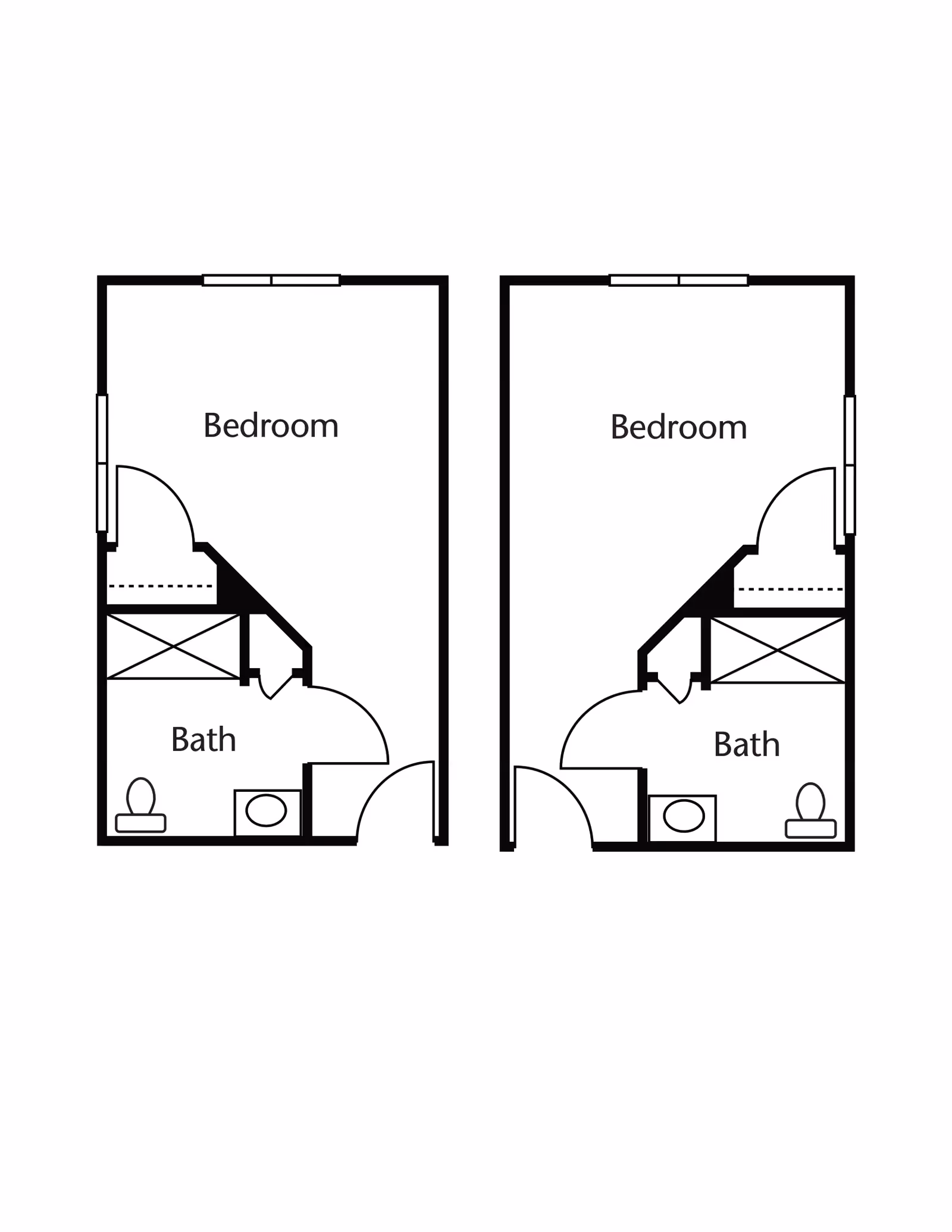 Floor plan showing two mirrored layouts each with a bedroom and a bathroom. Each bedroom has a closet and the bathroom includes a toilet and a sink.