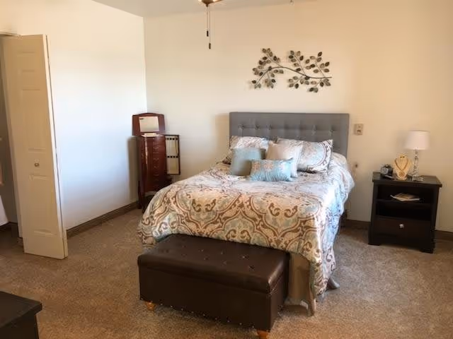A bedroom with a bed featuring a patterned bedspread and several pillows. Above the bed is a decorative metal wall art shaped like a branch with leaves. To the right of the bed is a dark wooden nightstand with a lamp and some decorative items. At the foot of the bed is a dark brown cushioned bench. The room has beige carpet and light-colored walls, with a partially open door on the left side.