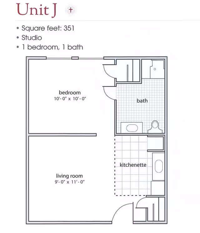 Floor plan of Unit J studio apartment at Village at the Oaks showing a 351 square feet layout with one bedroom measuring 10 feet by 10 feet, a living room measuring 9 feet by 11 feet, a bath, and a kitchenette area.