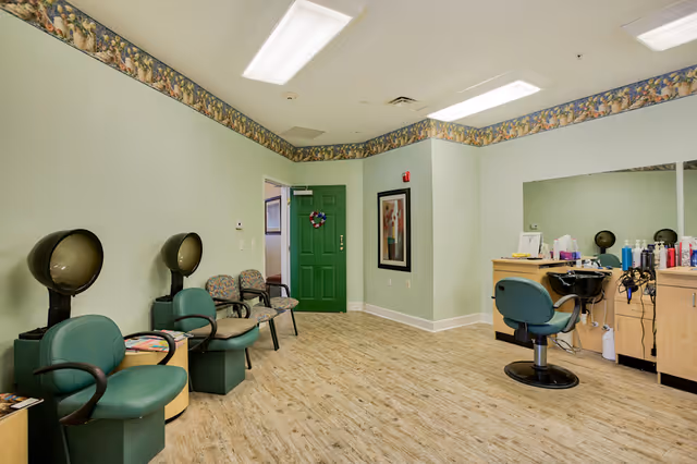 A bright salon room with green styling chairs, hooded hair dryers, a hair-wash station, and a green door.