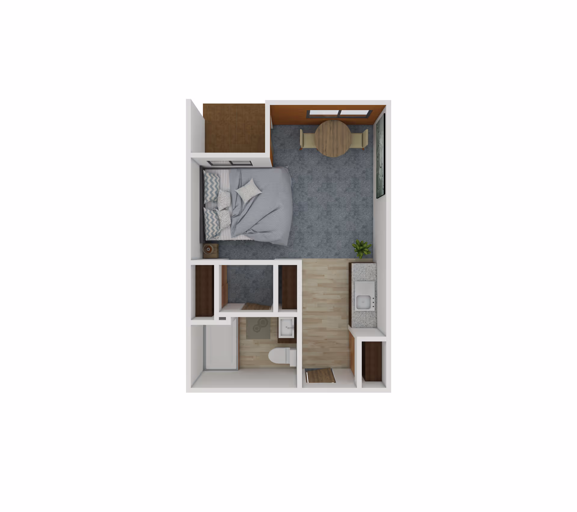 3D floor plan of a small senior living apartment featuring a bedroom with a bed and nightstand, a dining area with a round table and two chairs, a kitchenette with a sink and countertop, a bathroom with a bathtub, toilet, and sink, and a small balcony area.