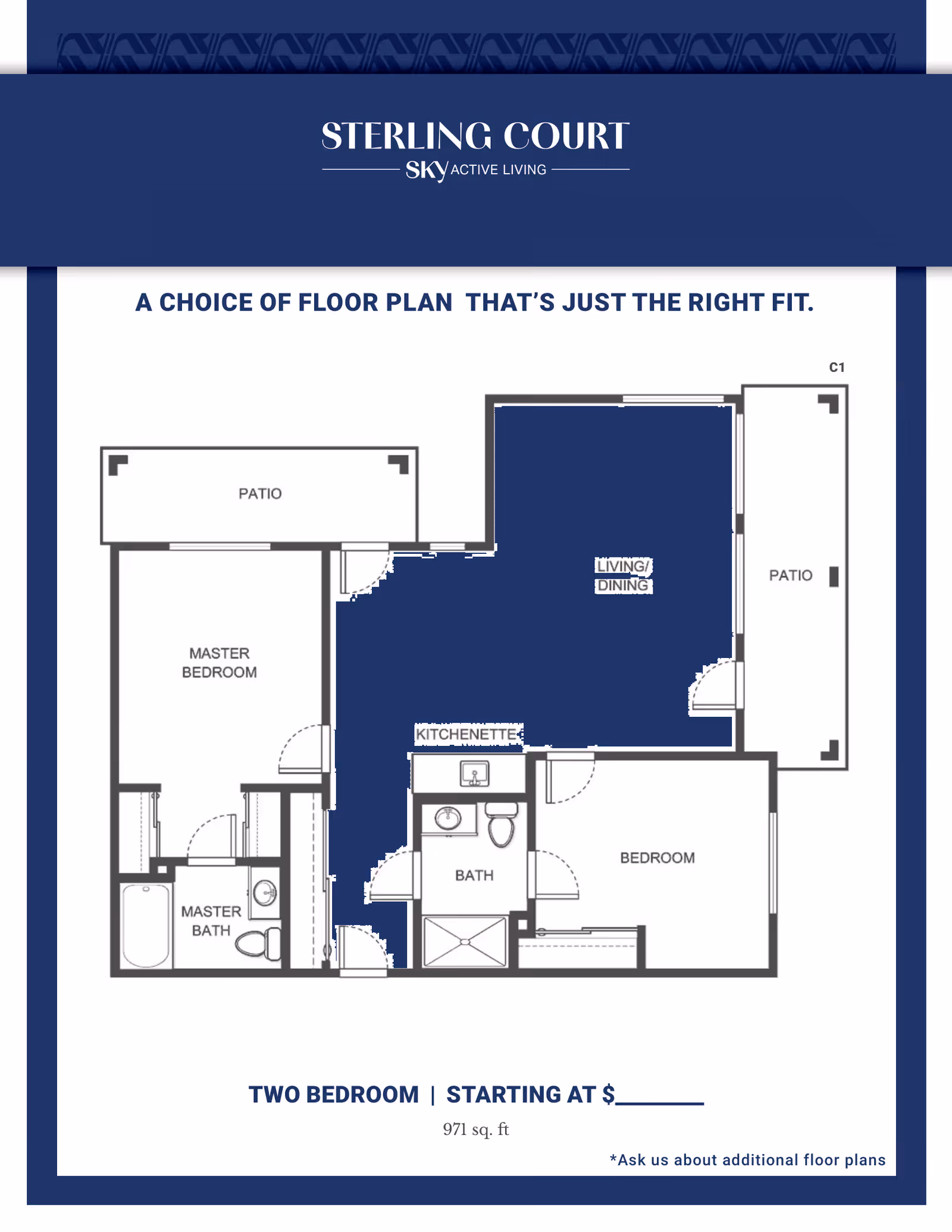 Floor plan layout of a two-bedroom apartment at Sterling Court - Sky Active Living, showing a master bedroom with master bath, a second bedroom, a bath, kitchenette, living/dining area, and two patios.