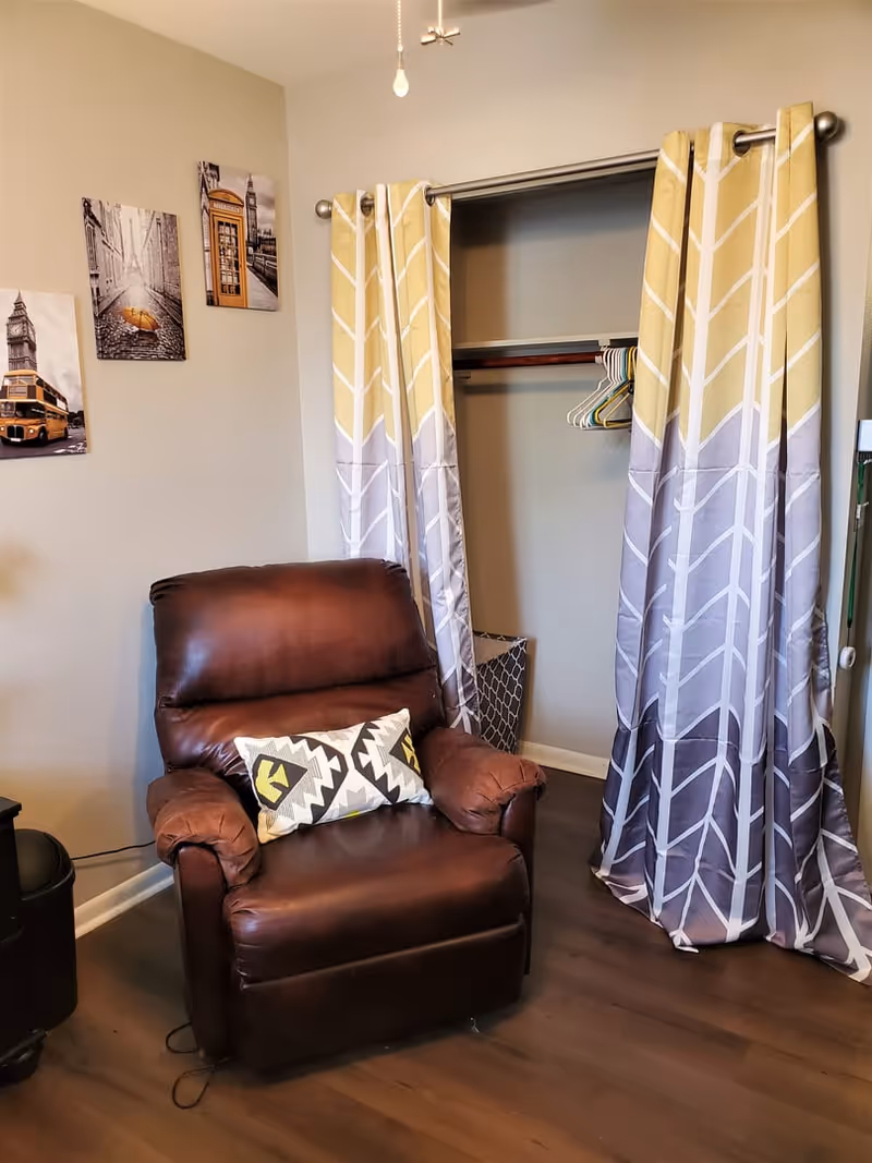 A brown leather recliner with a patterned throw pillow sits beside an open closet with patterned curtains and wall art on a hardwood floor.