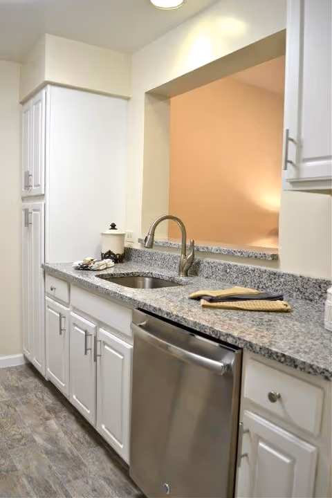 Galley-style kitchen with white cabinets, granite countertops, a stainless steel dishwasher and sink beneath a pass-through window.