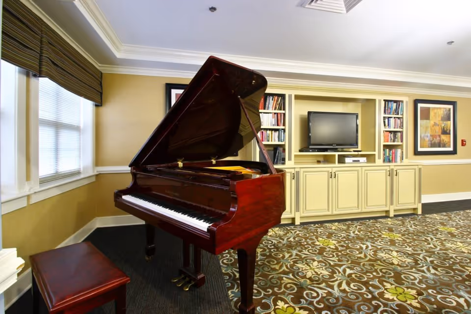 Interior room with a grand piano and matching piano bench near a window with striped blinds. The room features a patterned carpet, built-in cream-colored cabinetry with bookshelves, a flat-screen TV, and framed artwork on the wall.