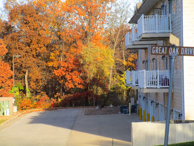 View of a driveway and parking area next to a multi-story building with white balconies. There is a street sign reading 'GREAT OAK DRIVE' in the foreground. Trees with autumn-colored leaves are visible in the background.