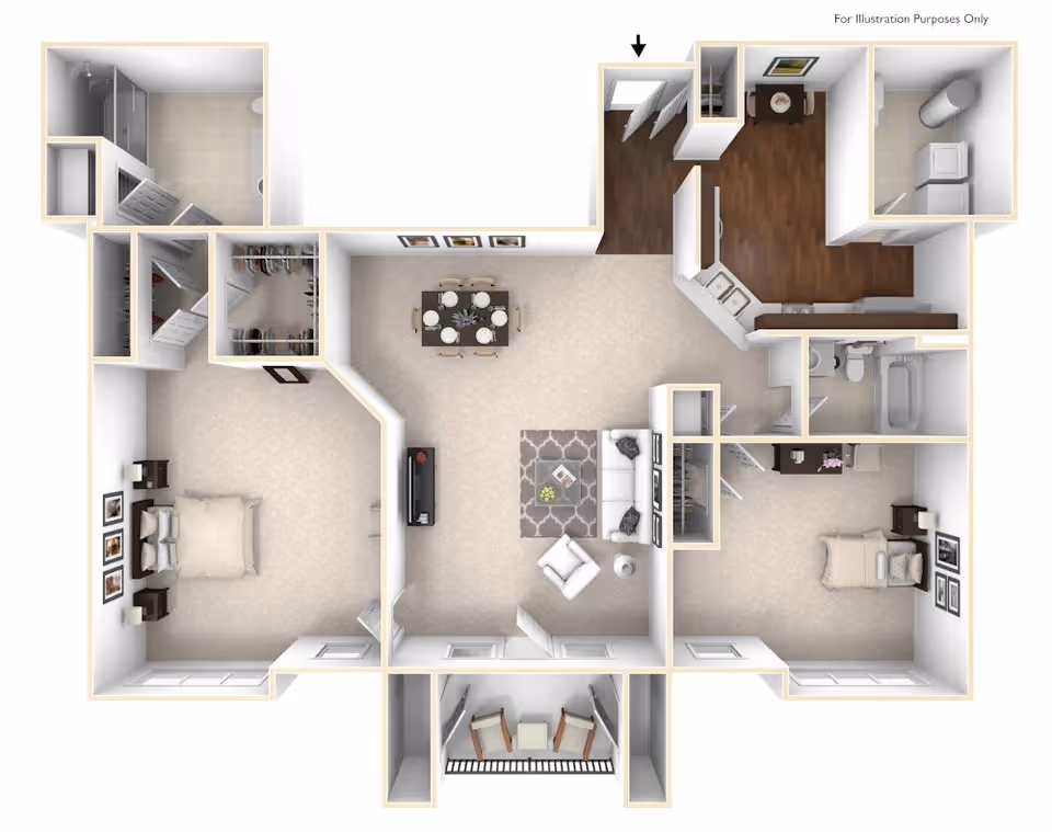Top-down 3D floor plan of a two-bedroom apartment showing a living room, dining area, kitchen, bathrooms, closets, and a small balcony.