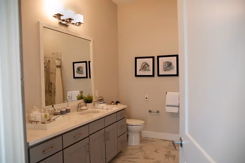 View into a modern bathroom with a large mirror above a long vanity with multiple drawers and a sink. The bathroom has a toilet, two framed pictures on the wall, a towel rack with a white towel, and a light fixture above the mirror. The floor has a marble-like pattern.