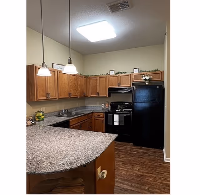 A kitchen with wooden cabinets, granite countertops, a black refrigerator, and a black stove with a range hood. Two pendant lights hang over the countertop, and there are decorative plants and framed pictures on top of the cabinets. The floor is wood, and the walls are painted a light beige color.