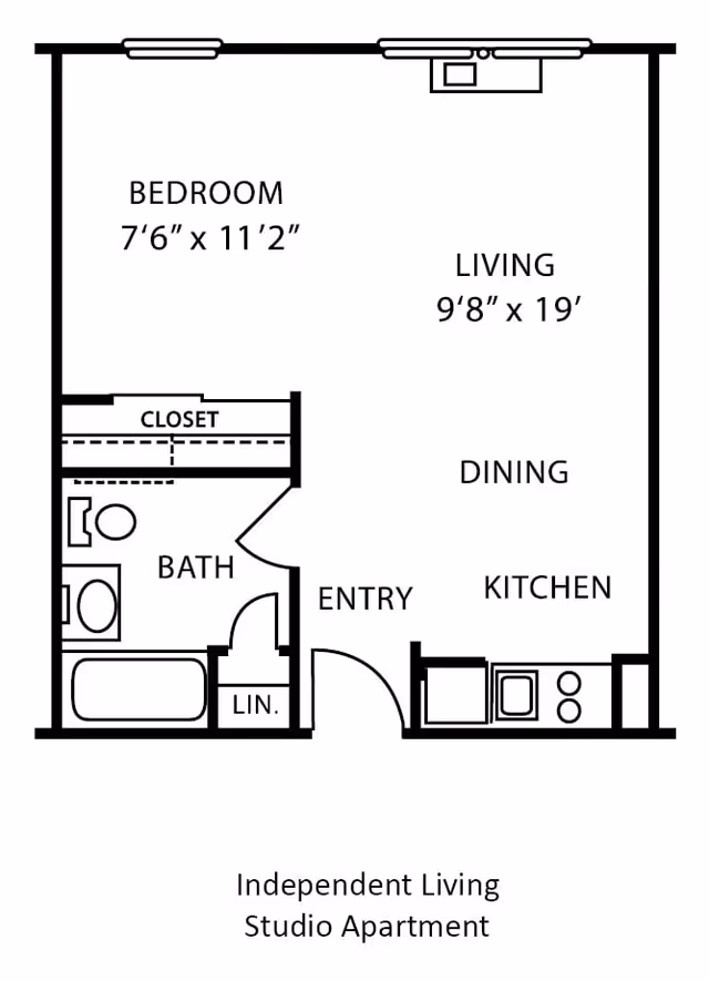 Floor plan of an independent living studio apartment at Canton Regency, showing a bedroom measuring 7 feet 6 inches by 11 feet 2 inches, a living area measuring 9 feet 8 inches by 19 feet, a dining area, a kitchen, a bathroom with a bathtub, toilet, and sink, a closet, linen storage, and an entry door.