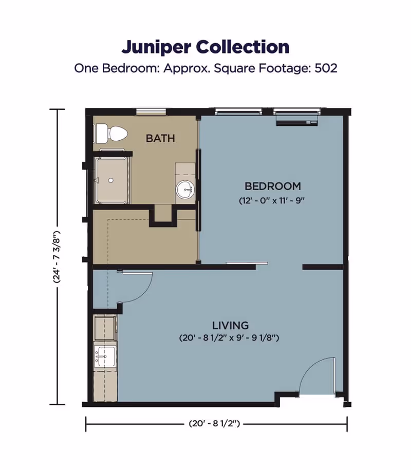 Floor plan titled 'Juniper Collection' showing a one-bedroom, one-bath layout with labeled living area, bedroom and bath and approximate dimensions.