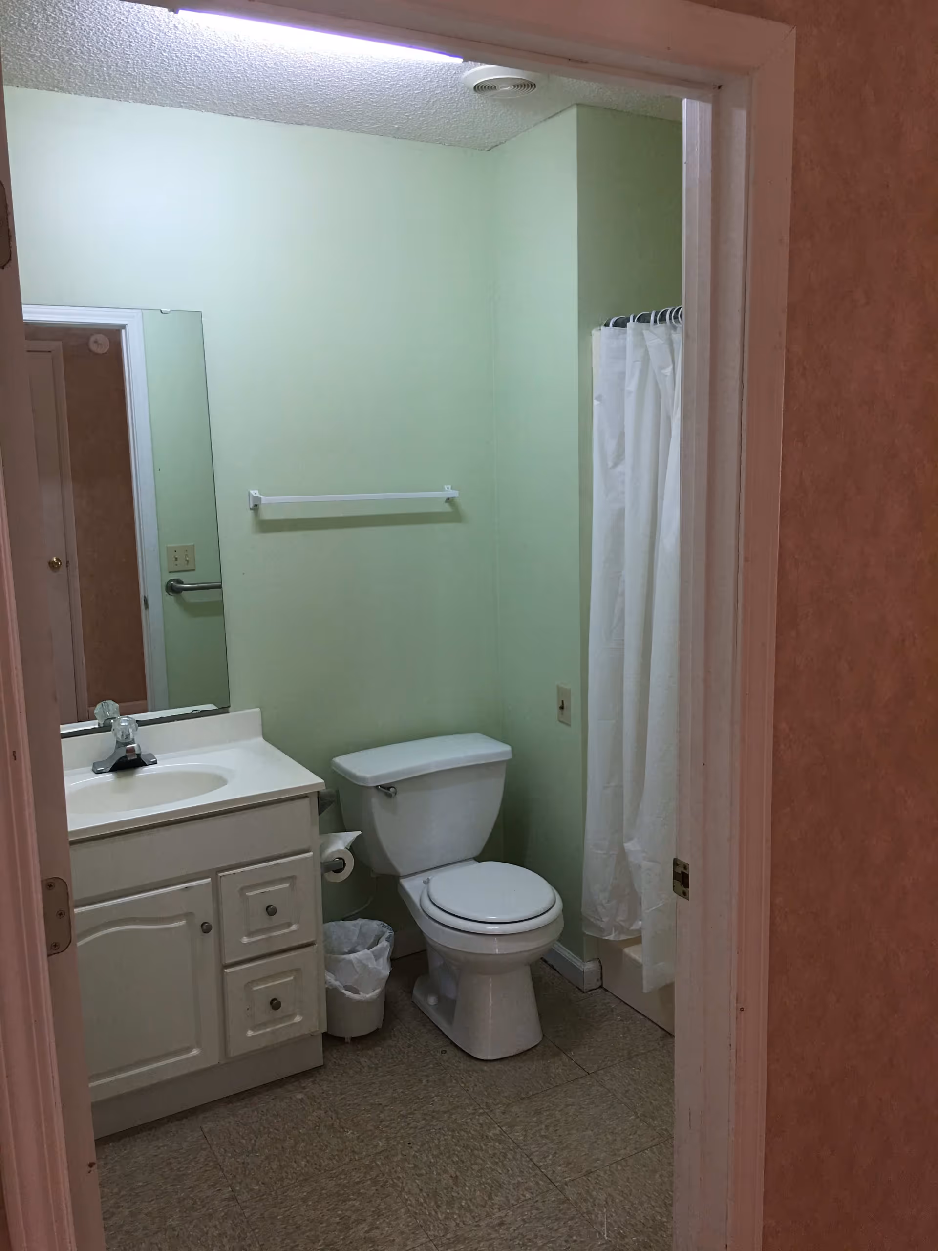 View into a small bathroom with light green walls, a white vanity with sink and faucet, a mirror above the vanity, a white toilet, a trash can, and a shower with a white curtain.