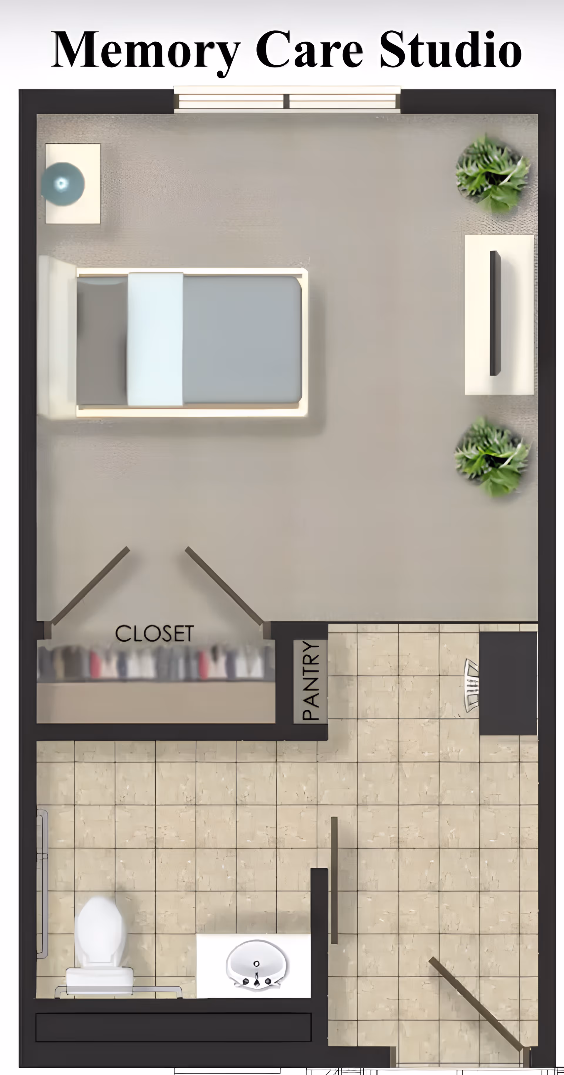 Top-down floor plan of a memory care studio showing a bed and nightstand, closet and pantry, tiled entry/kitchen area, and a bathroom.