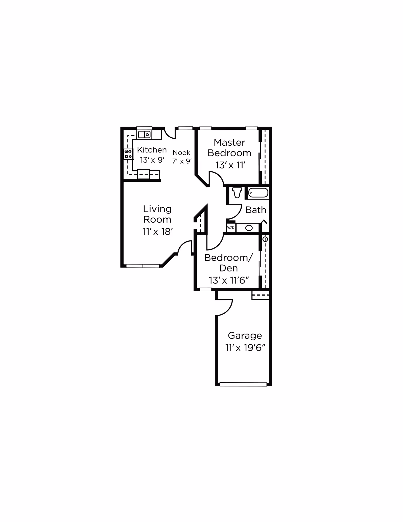 Floor plan of a residential unit showing a kitchen, nook, living room, master bedroom, bedroom/den, bathroom, and garage with dimensions for each room.
