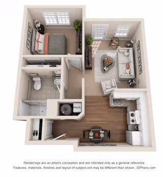 3D floor plan of a one-bedroom apartment featuring a bedroom with a bed and nightstands, a bathroom with a shower, toilet, and sink, a living room with a sofa, armchair, coffee table, and TV, a kitchen with appliances and cabinetry, and a dining area with a table and chairs.