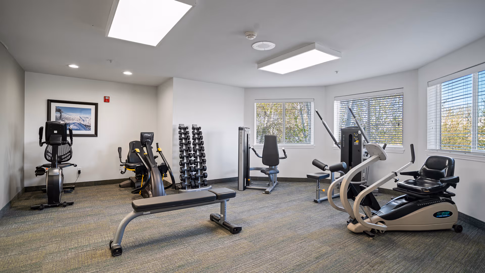 A well-lit fitness room with exercise equipment including a recumbent bike, a rowing machine, a weight bench, a set of dumbbells on a rack, and various strength training machines. The room has large windows with blinds, carpeted floor, and white walls with a framed picture of a mountain landscape.