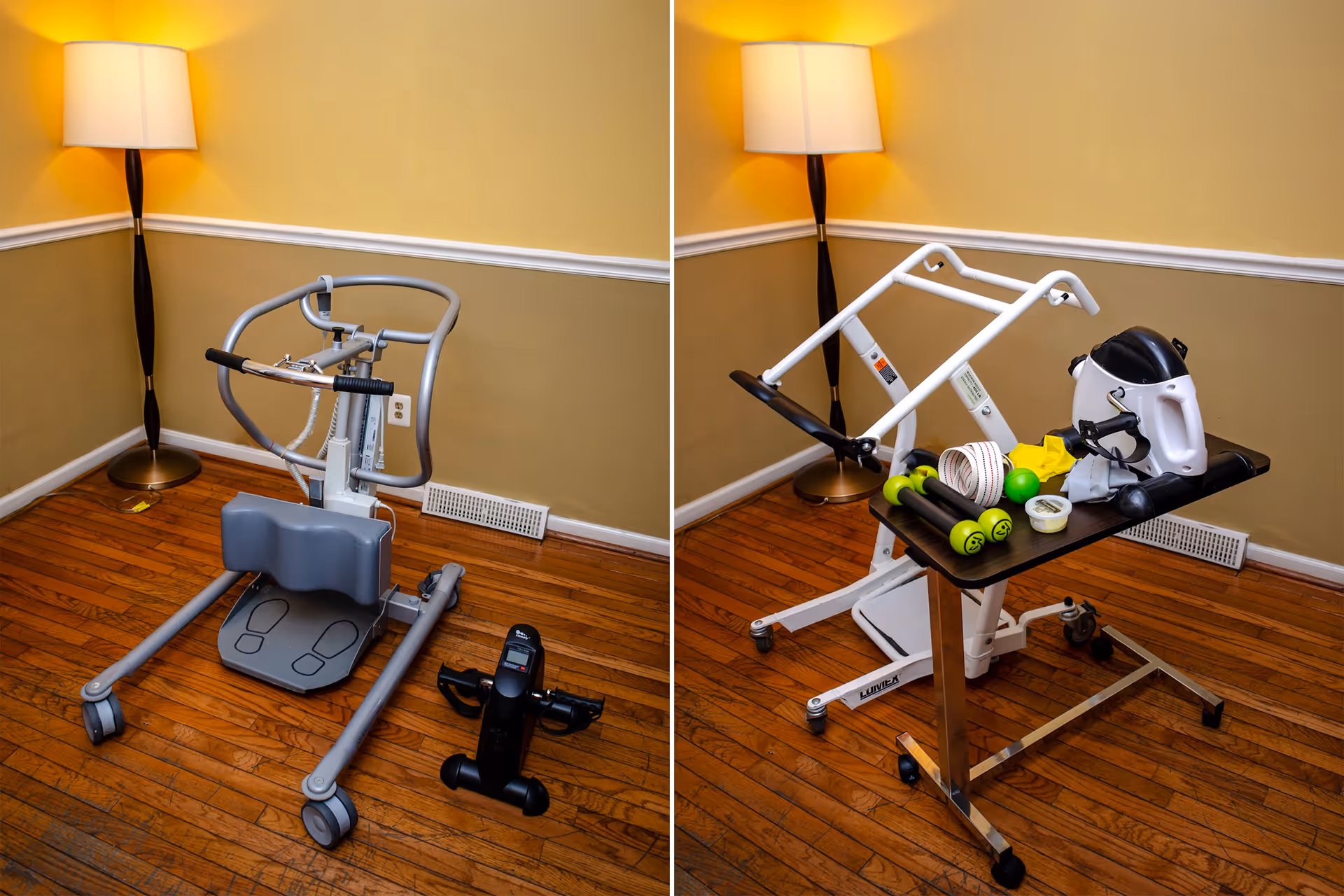 Two side-by-side images of a corner room with wooden floors and yellow walls. The left image shows a silver mobility aid device with wheels and a small black pedal exerciser on the floor. The right image shows a white mechanical lift device next to a small table holding green dumbbells, a white rolled bandage, a black and white medical device, and other small items. A tall floor lamp with a white shade is in the corner of the room in both images.