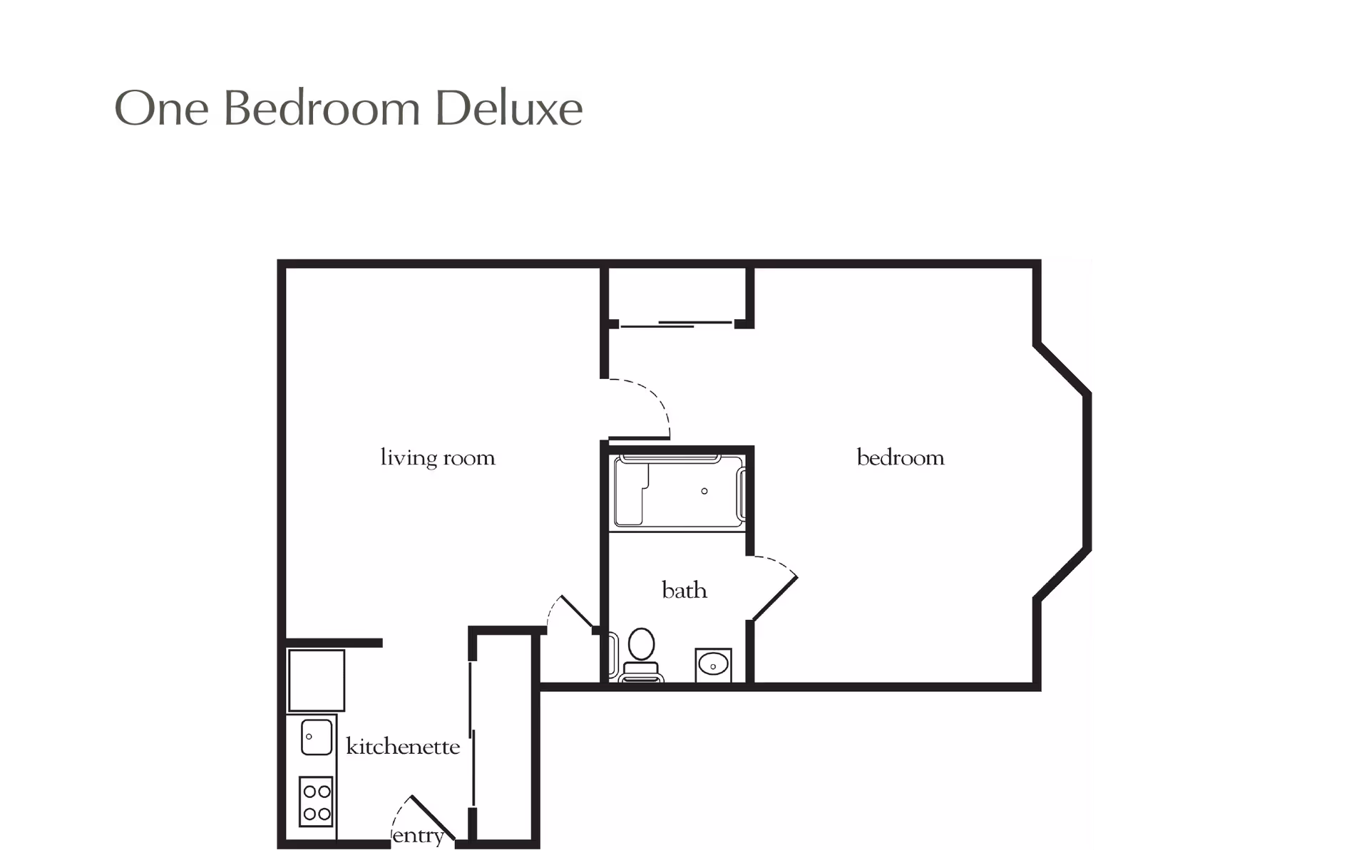 Floor plan layout of a one bedroom deluxe apartment showing a living room, bedroom, bath, kitchenette, and entry area.