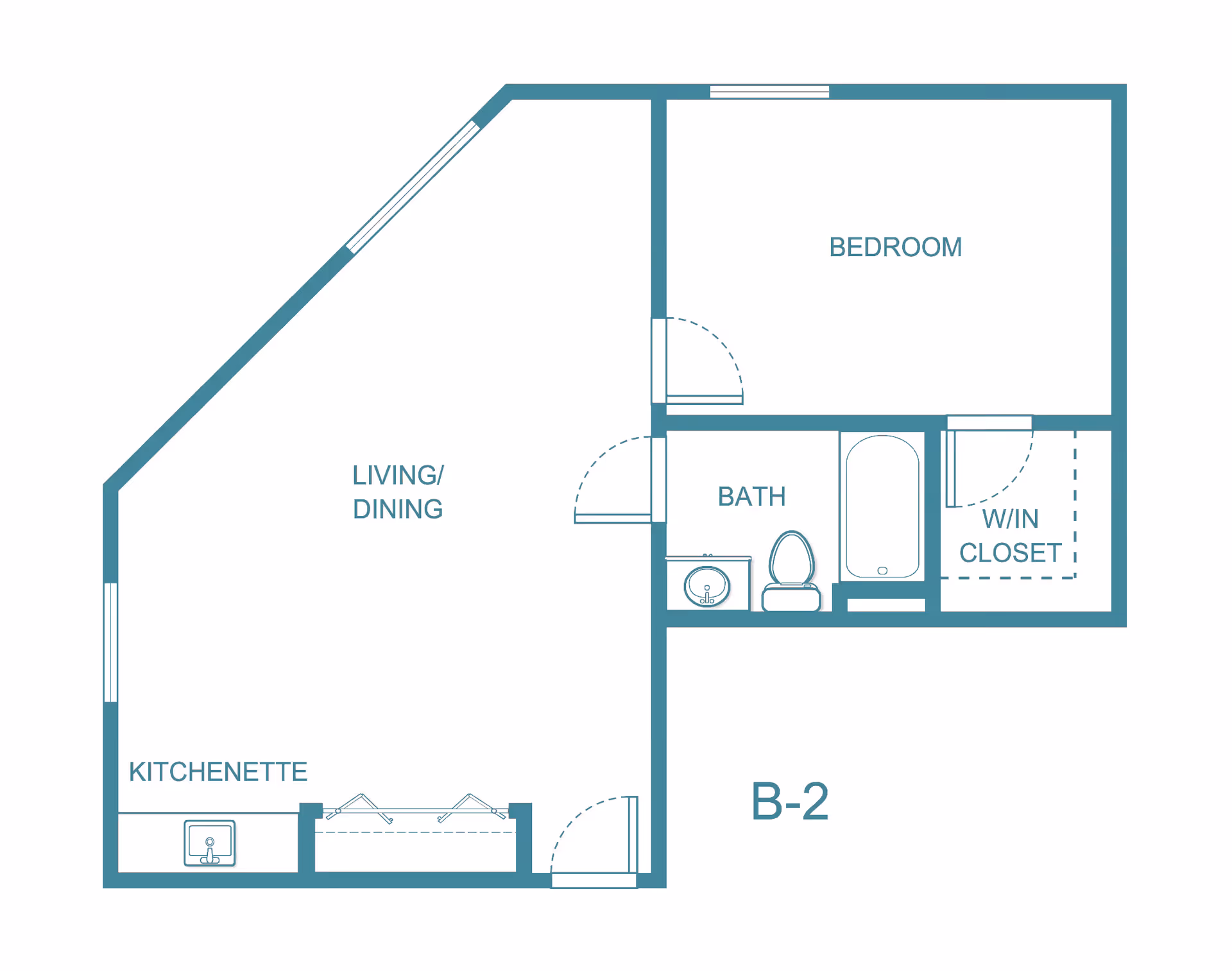 Floor plan layout of a senior living unit labeled B-2, featuring a bedroom, bathroom with bathtub and toilet, walk-in closet, kitchenette, and combined living/dining area.