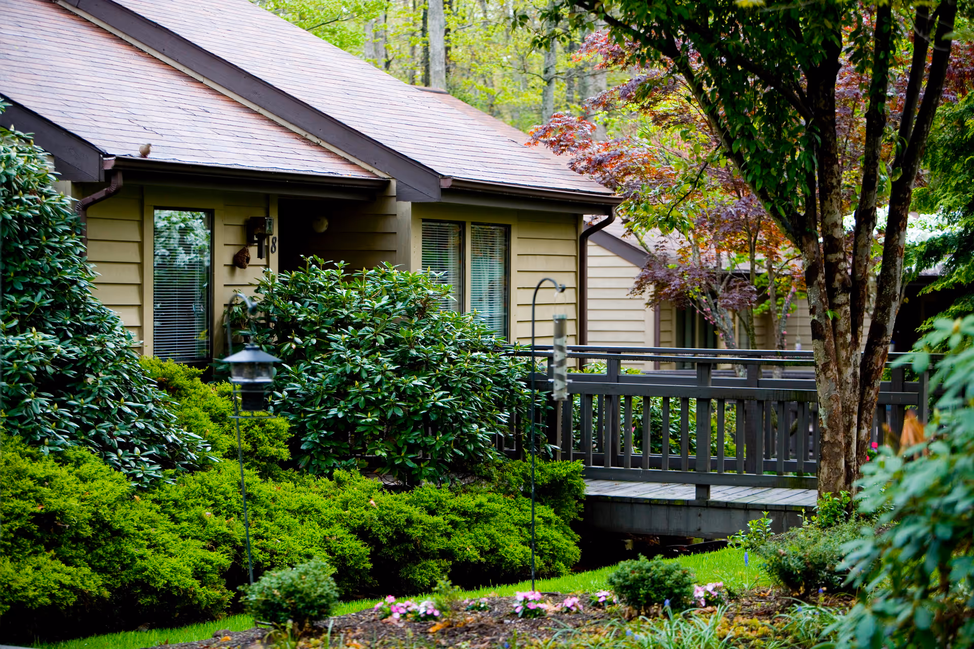 Exterior view of a single-story residence with a wooden ramp surrounded by lush shrubs, trees, and flowering plants.